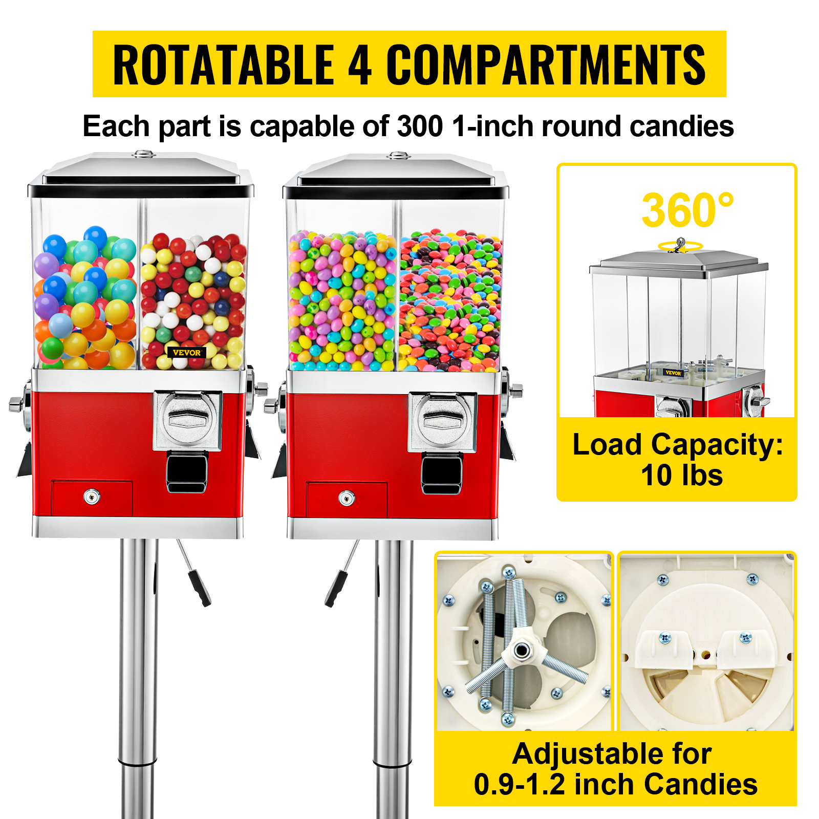 VEVOR Aluminum Alloy Gumball Machine | Commercial/Residential | Red | 375 Candies | Knobs | Includes Accessories | Key Lock | Specialty Small Kitchen