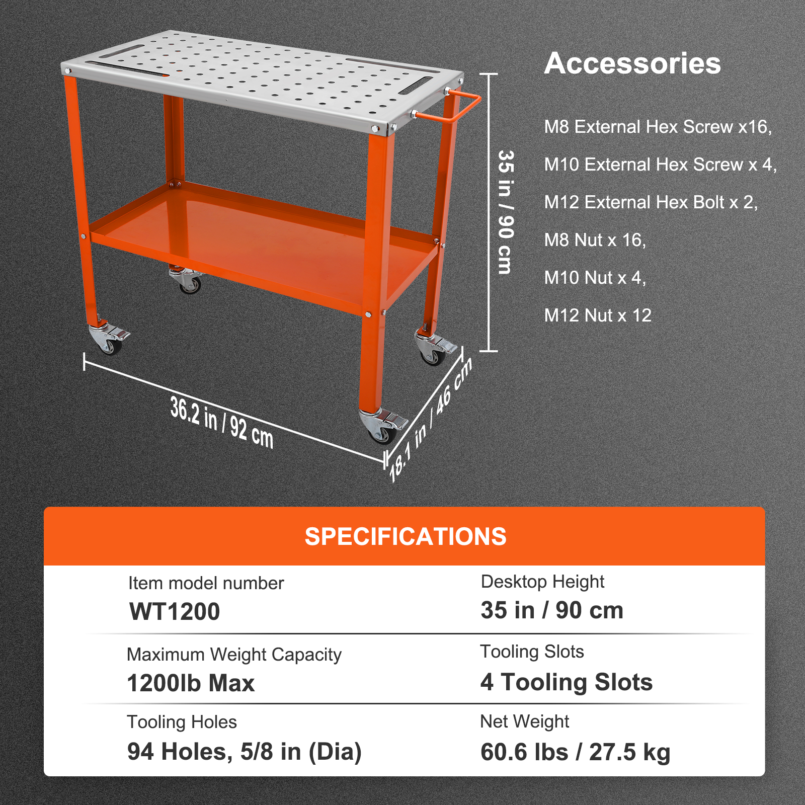 VEVOR 36"x18" Welding Table 1200lbs Load Capacity Steel Welding Workbench Table