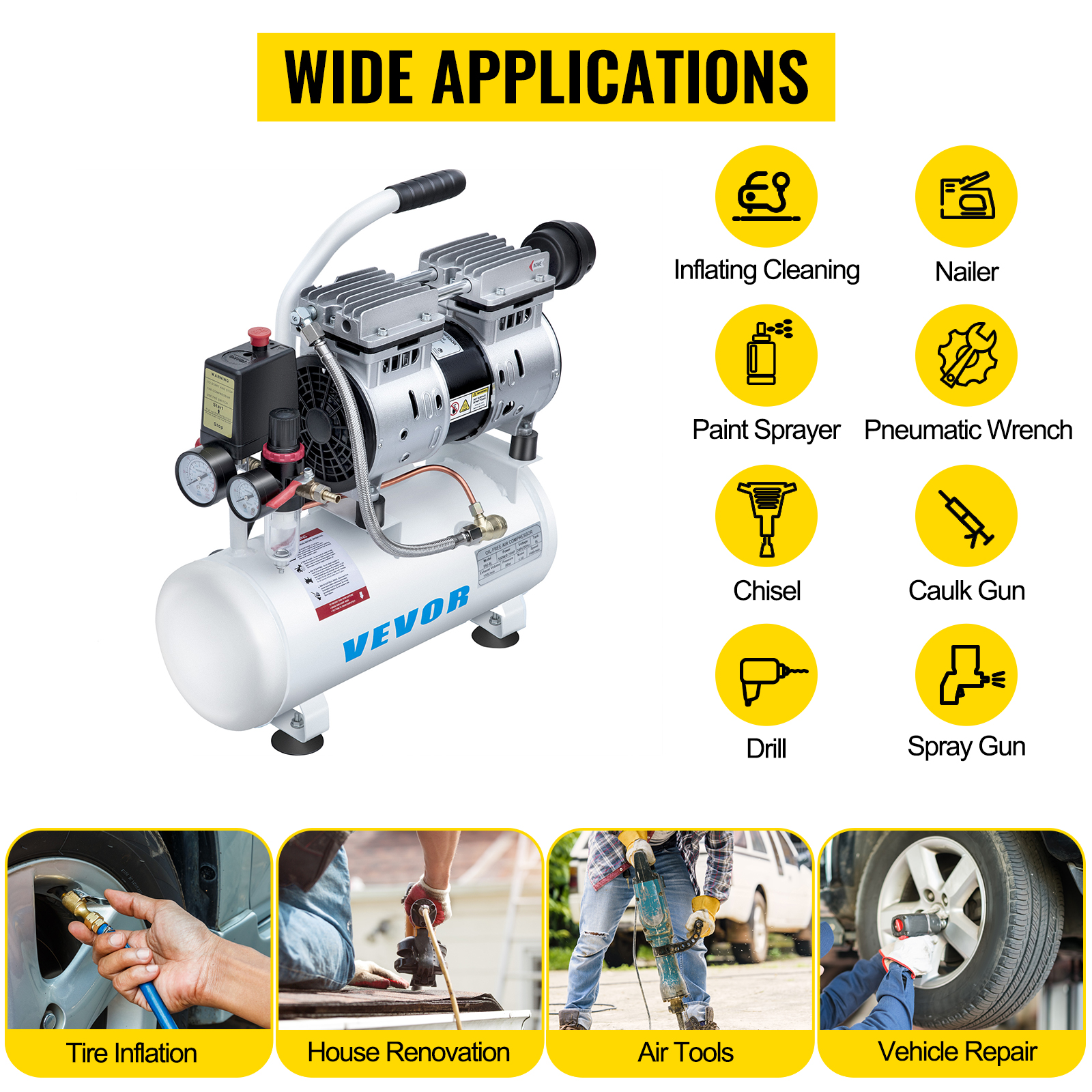 VEVOR 0.75HP Oil Free Air Compressor Air Compressor Tank 9L Silent