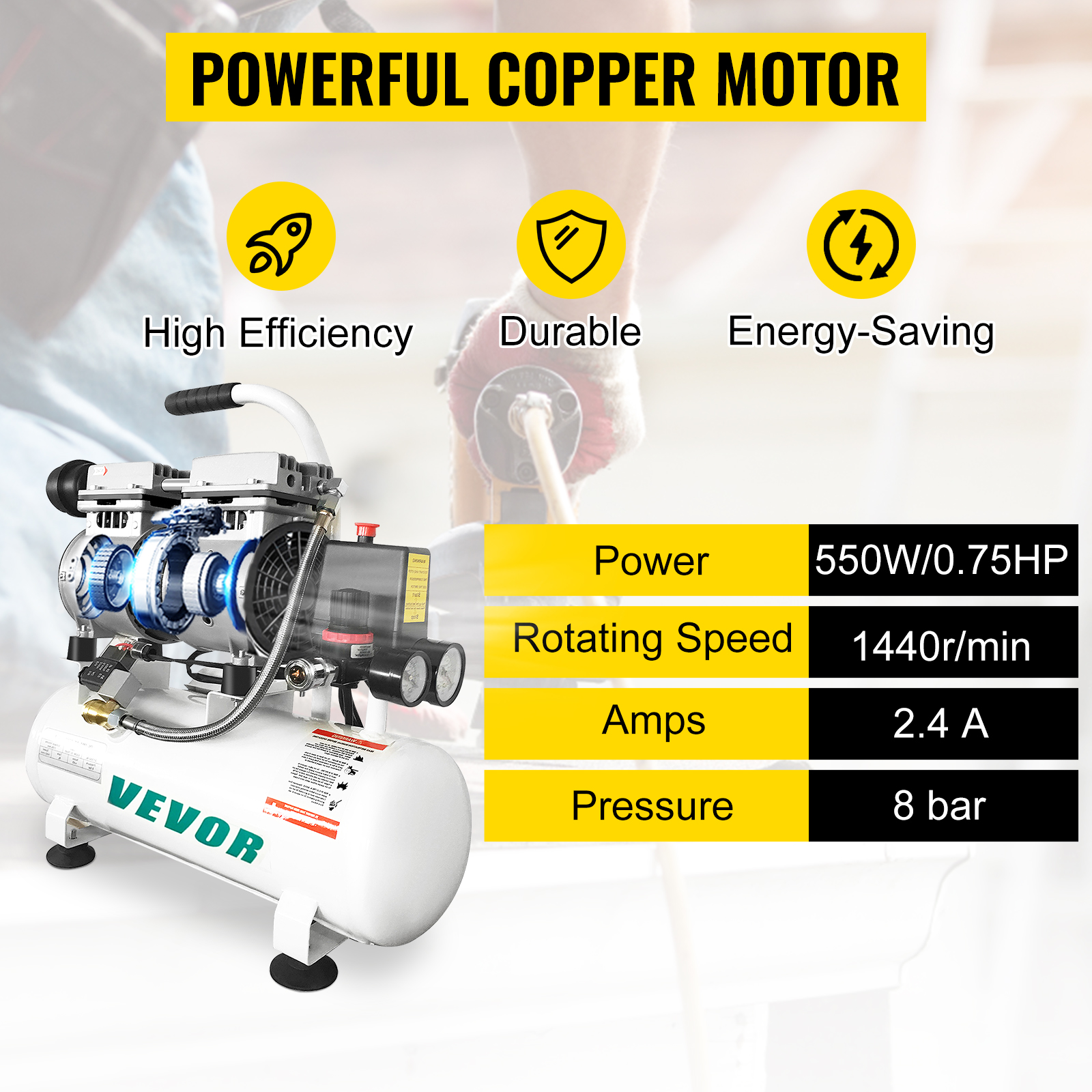 VEVOR Kompressor 8L Silent Druckluftkompressor 900W (1,2PS) 3,5 MPa,  2800U/min, 70dB, 6-8Bar, Ölfreier Druckbehälter Flüsterkompressor Ideal zum