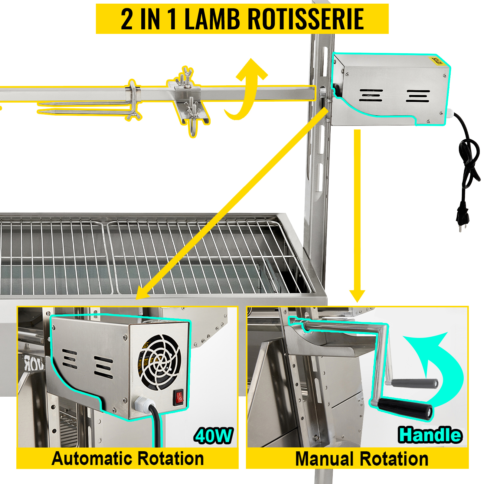 VEVOR 132 LBS Rotisserie Grill Roaster, 40W BBQ Small Pig Lamb