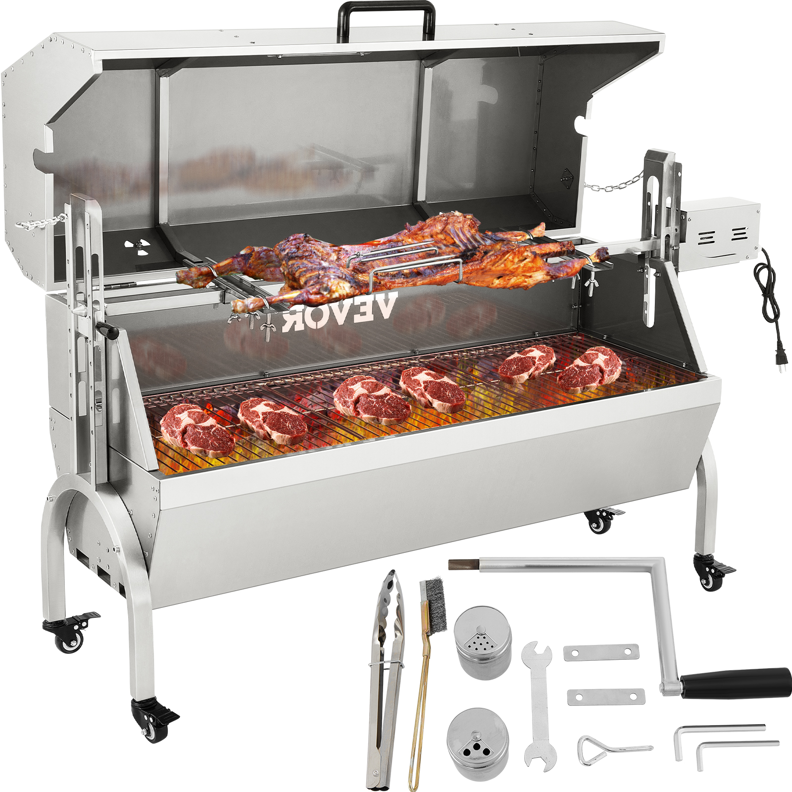 VEVOR 132 LBS Rotisserie Grill Stainless Steel Pig Lamb Hooded 50" Electric Charcoal Spit with 40W Motor & Adjustable Height Casters for Outdoor Camping Party Barbecue, Silver | VEVOR US