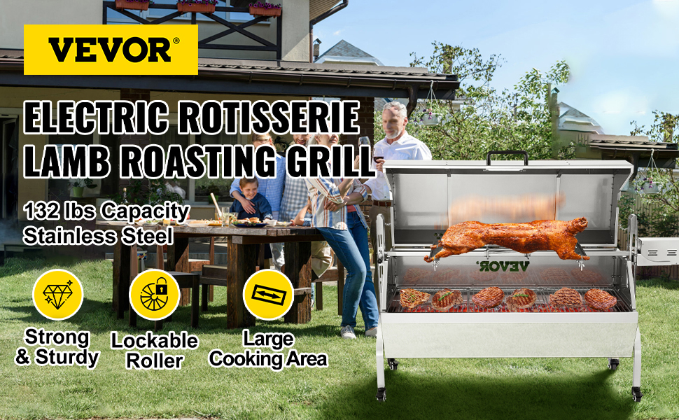 VEVOR 132 LBS Rotisserie Grill Stainless Steel Pig Lamb Hooded Roaster