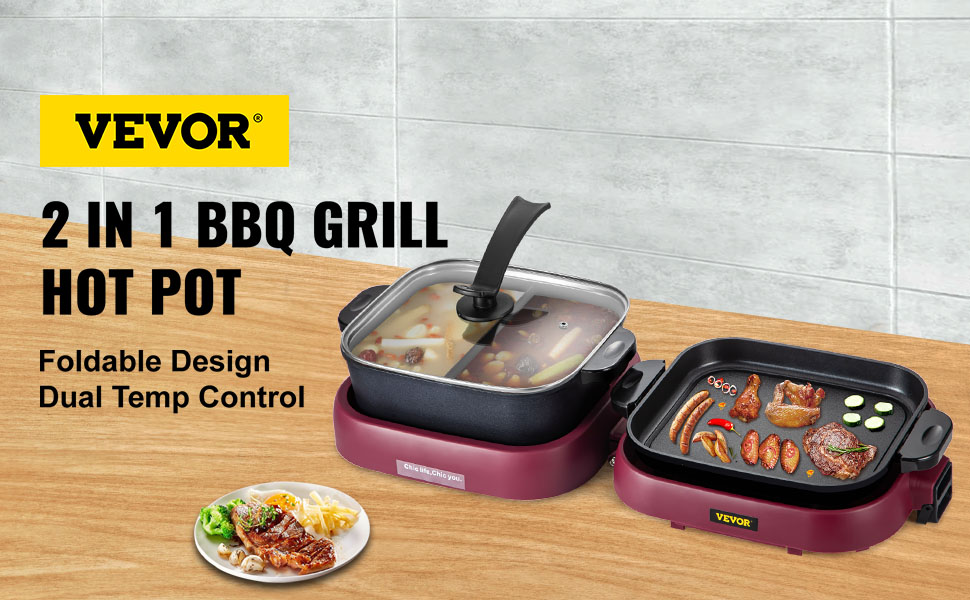 VEVOR 2 in 1 Electric BBQ Pan Grill Hot Pot Portable Hot Pot BBQ Grill 2200W FTSS2200W110VHHAWV1
