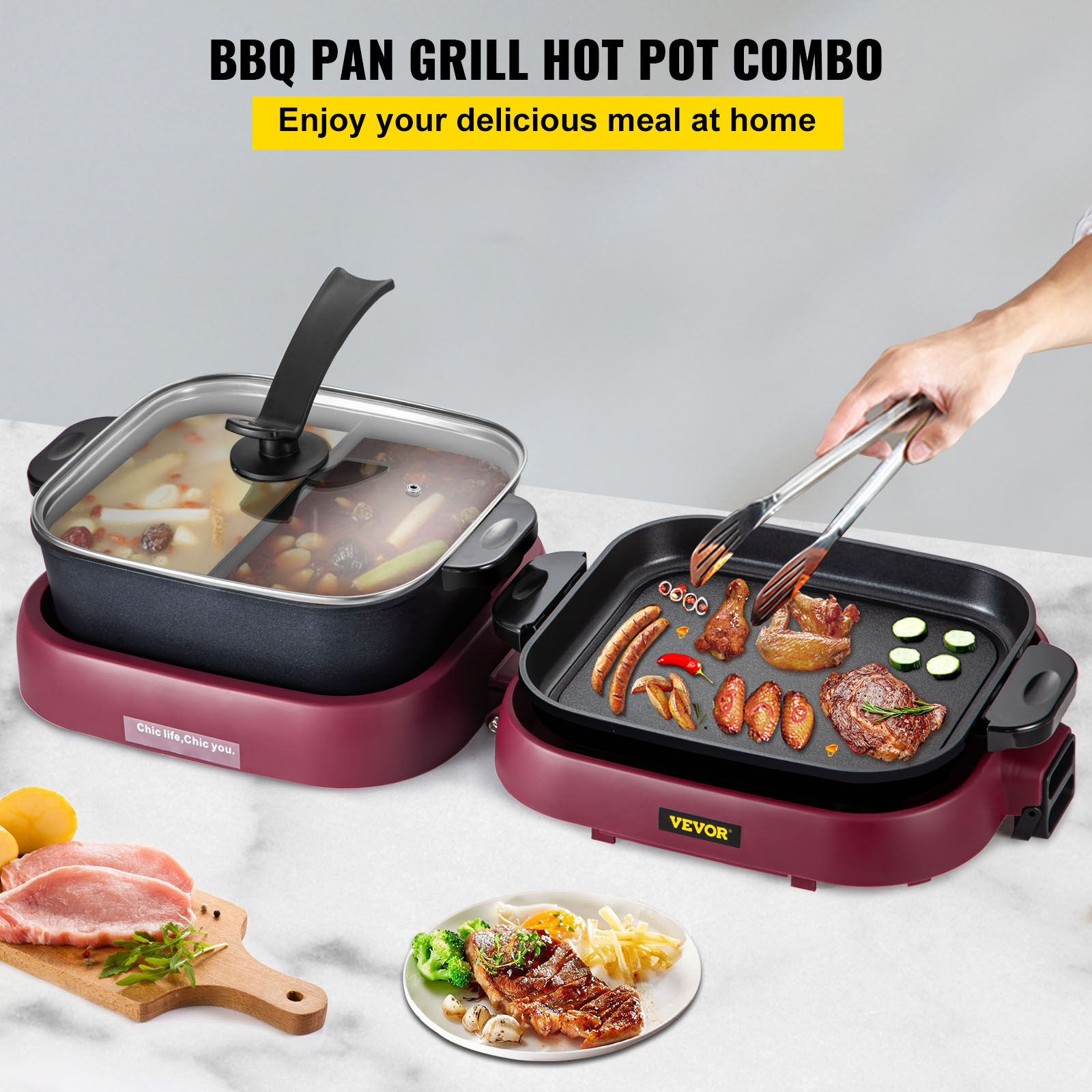 VEVOR 2 in 1 Electric BBQ Grill Hot Pot Portable Hot Pot Grill  2100/2200/2400W