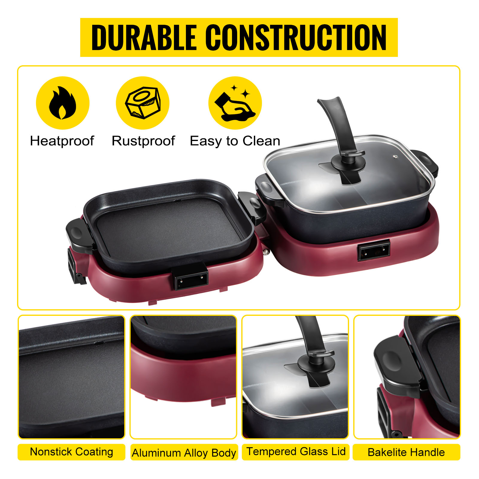 VEVOR VEVOR 2 in 1 BBQ Pan Grill and Hot Pot with Divider Multifunctional  Teppanyaki Grill Pot, Separate Dual Temperature Control Electric BBQ Stove  Hot Pot, 5 Speed for Indoor Korean BBQ