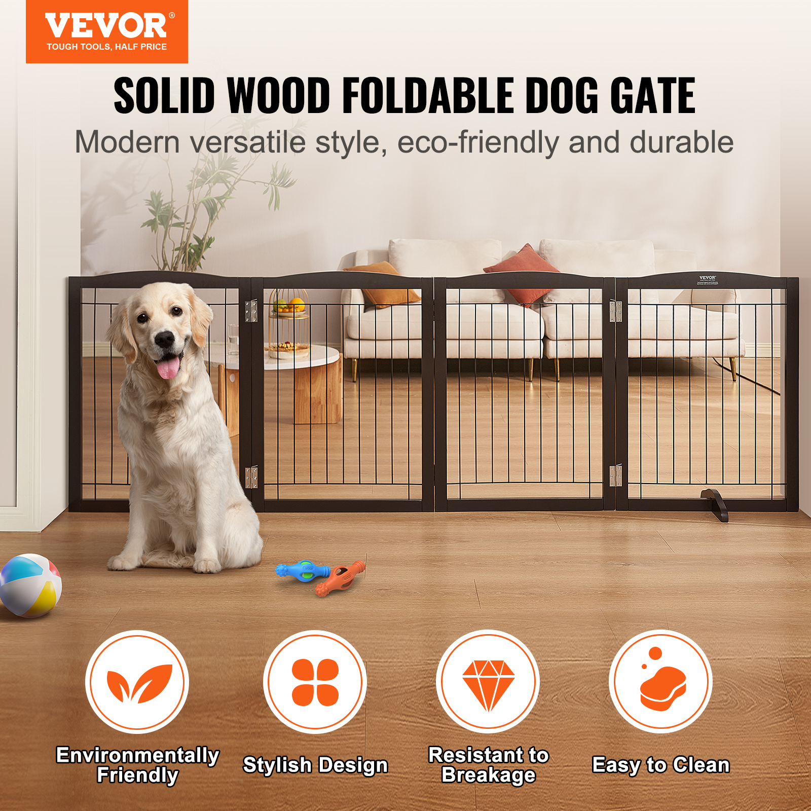 VEVOR Free Standing Dog Gate 32x96.5 inch Freestanding Pet Gate Foldable Brown