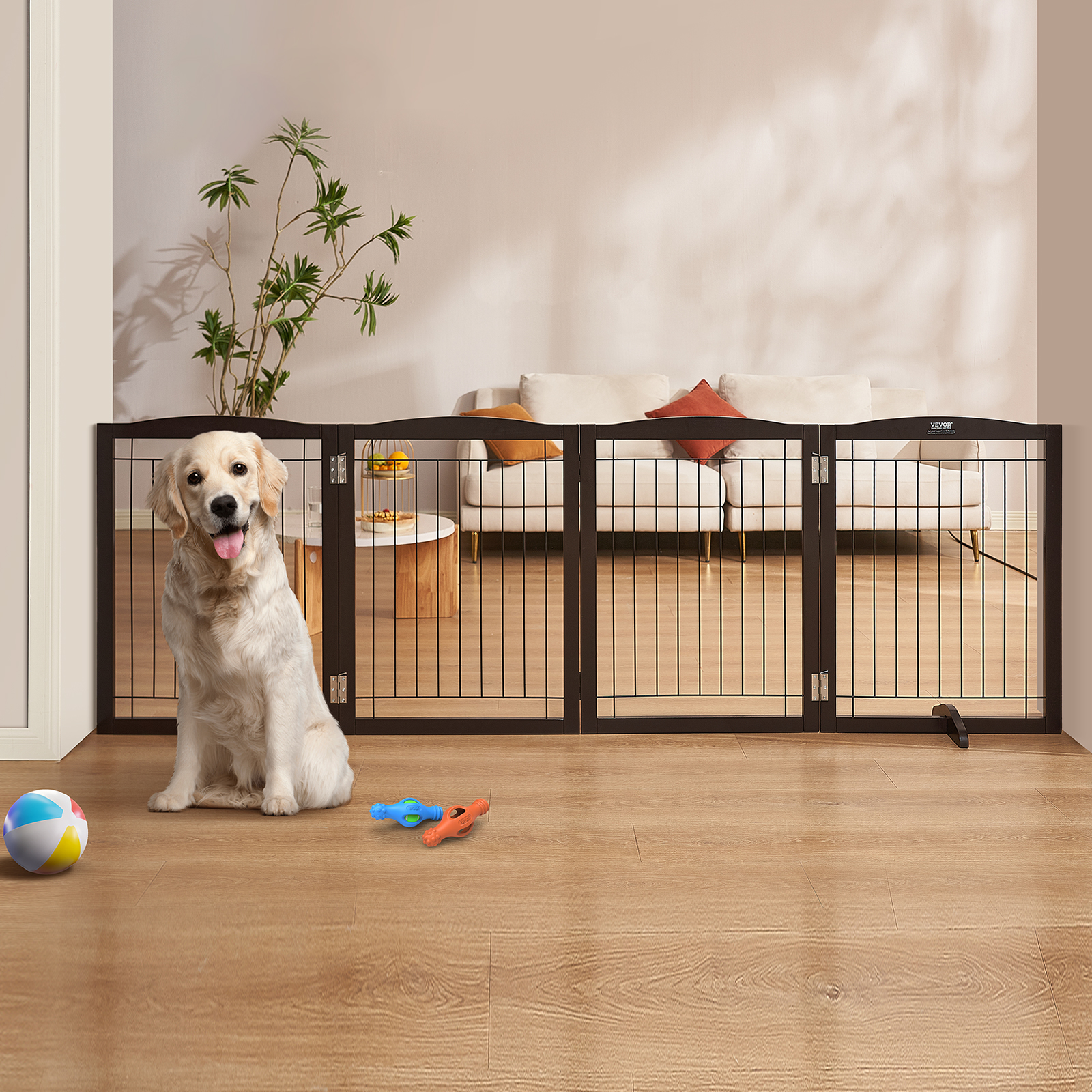 VEVOR Free Standing Dog Gate 32x96.5 inch Freestanding Pet Gate Foldable Brown