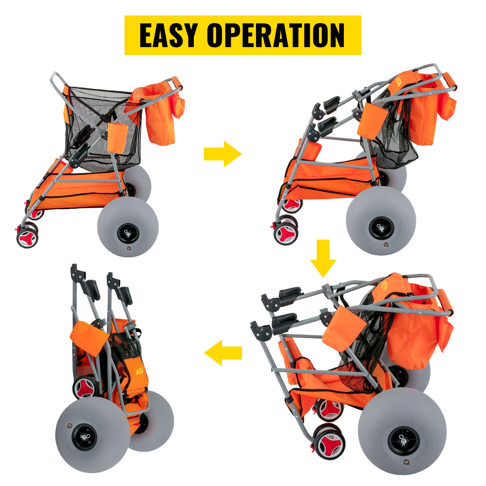 Carrello Pieghevole Da Spiaggia Major – Struttura In Acciaio, Ruote Grandi Per Sabbia, Capacità 30kg, Tessuto Oxford 600D, 45x50x103cm