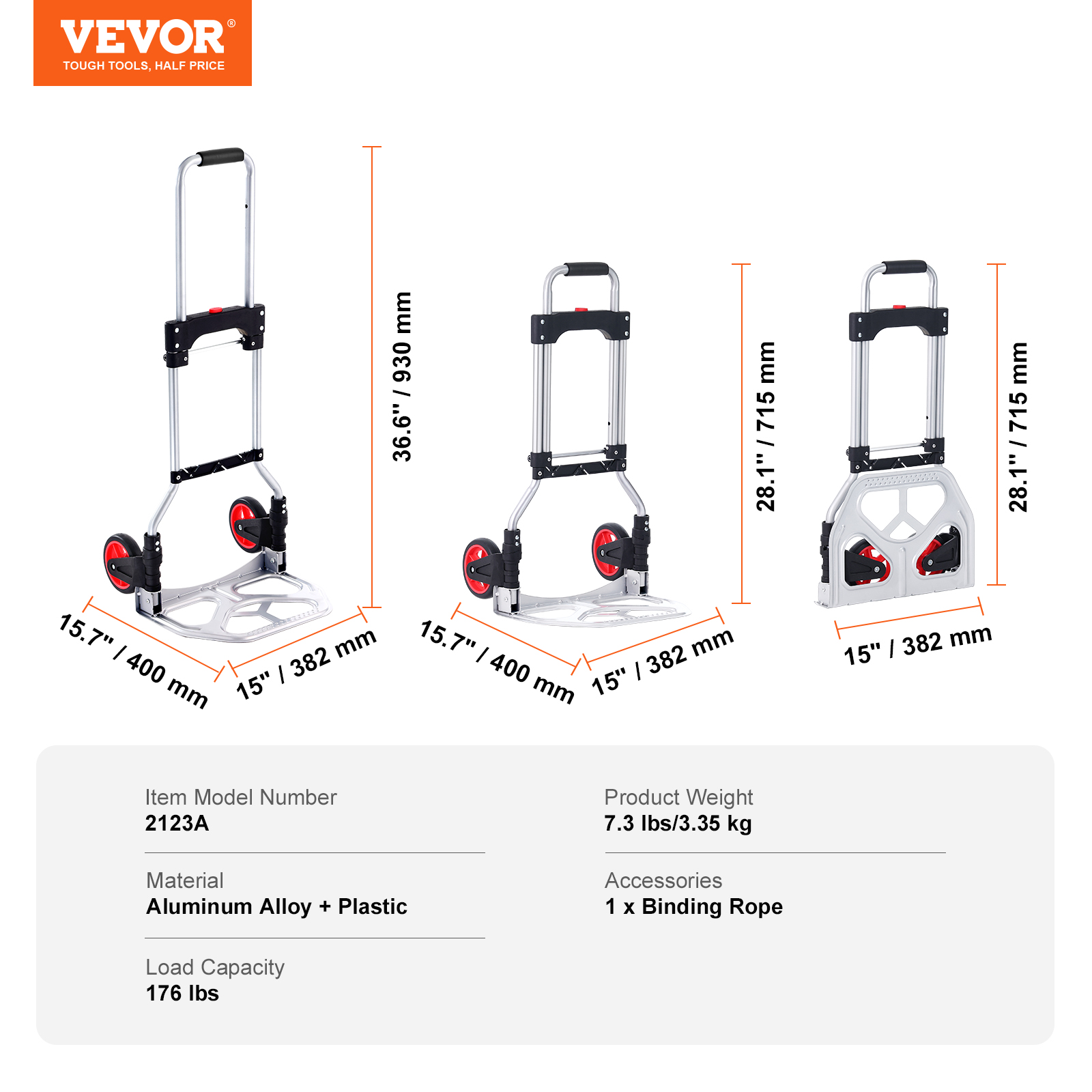 VEVOR Folding Hand Truck Aluminum Luggage Trolley Cart Dolly 176 / 309 / 275 lbs - Bild 8 von 37