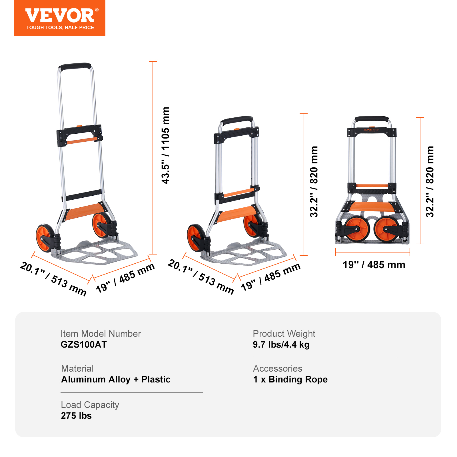 VEVOR Folding Hand Truck Aluminum Luggage Trolley Cart Dolly 176 / 309 / 275 lbs - Bild 32 von 37