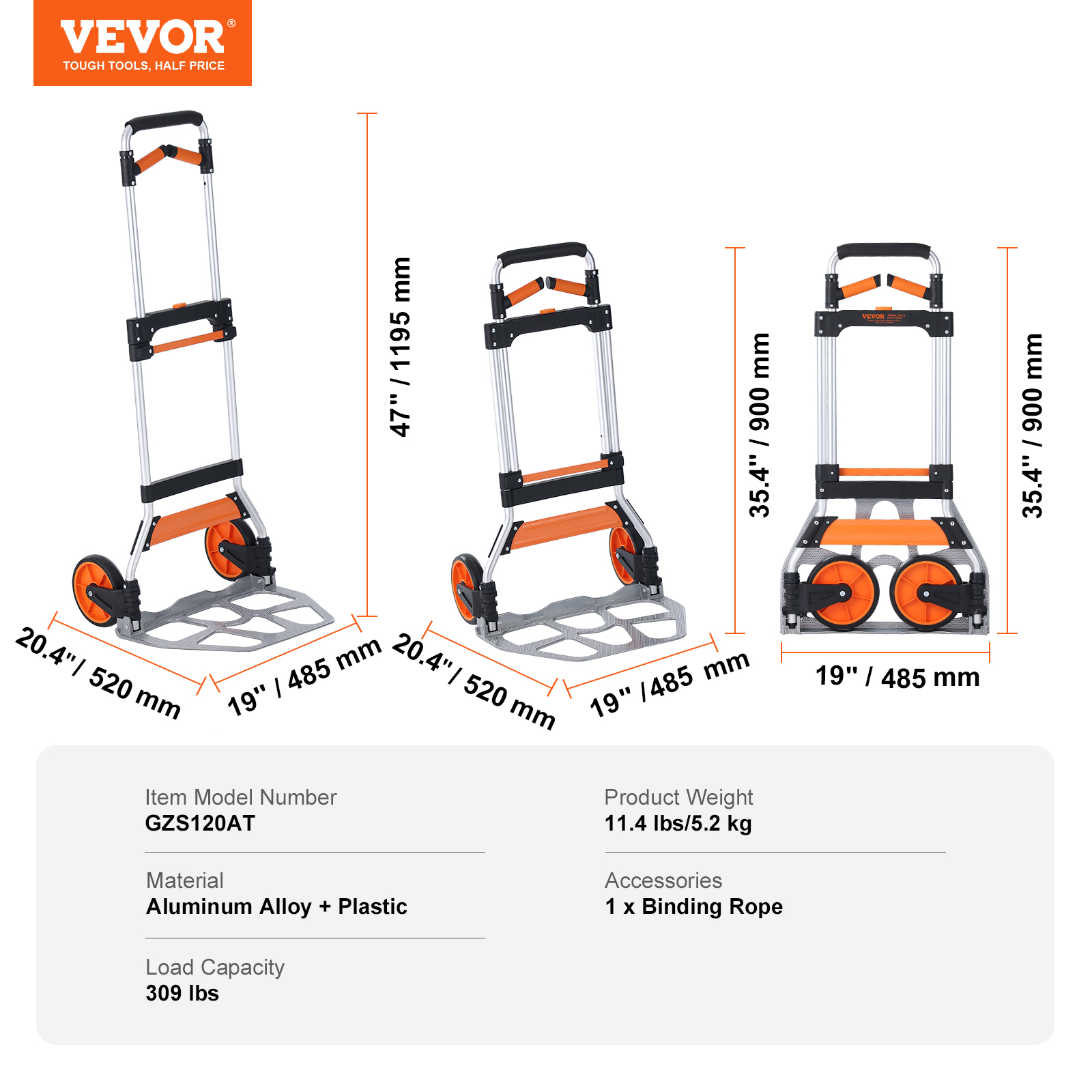 VEVOR Folding Hand Truck Aluminum Luggage Trolley Cart Dolly 176 / 309 / 275 lbs - Bild 20 von 37