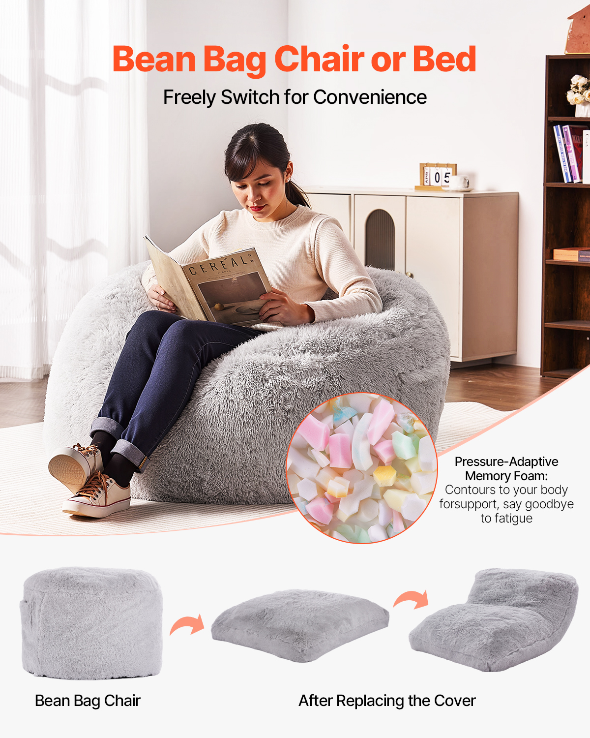 Bean Bag Chair Convertible/with Cover/Armrests for Adult Fluffy Blue/Grey/Black - Picture 51 of 72