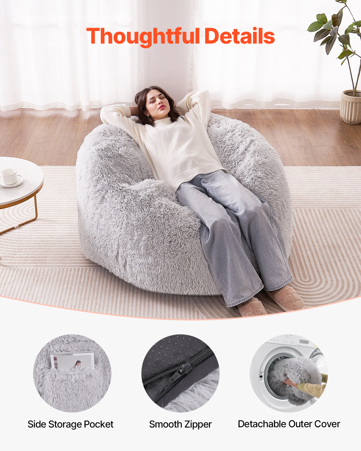 Bean Bag Chair Convertible/with Cover/Armrests for Adult Fluffy Blue/Grey/Black - Picture 53 of 72