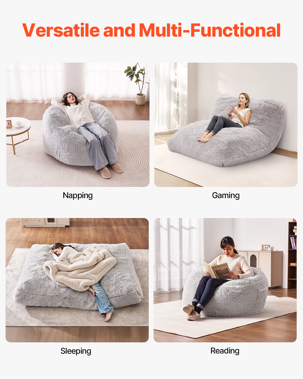 Bean Bag Chair Convertible/with Cover/Armrests for Adult Fluffy Blue/Grey/Black - Picture 54 of 72