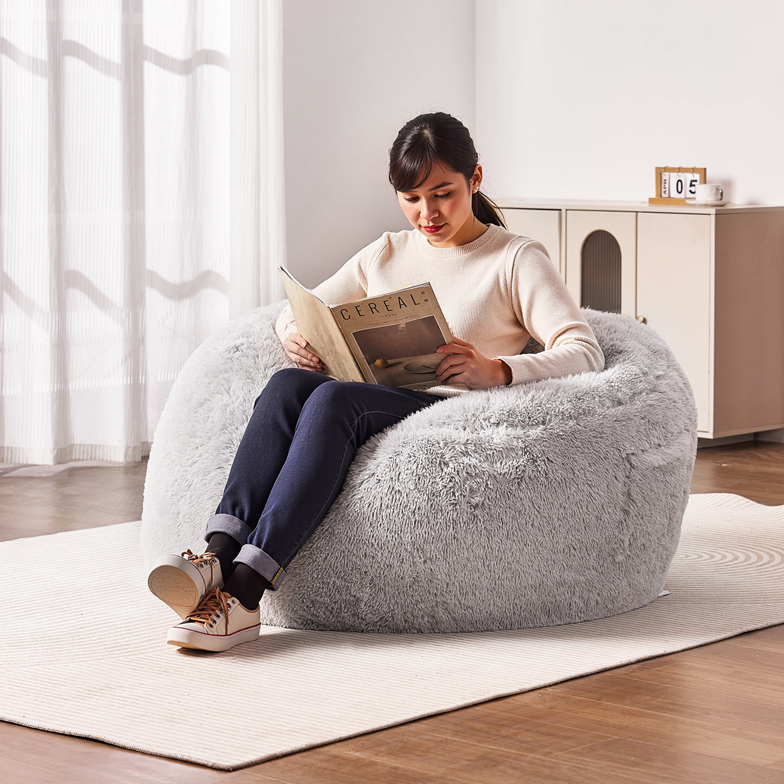 Bean Bag Chair Convertible/with Cover/Armrests for Adult Fluffy Blue/Grey/Black - Picture 56 of 72