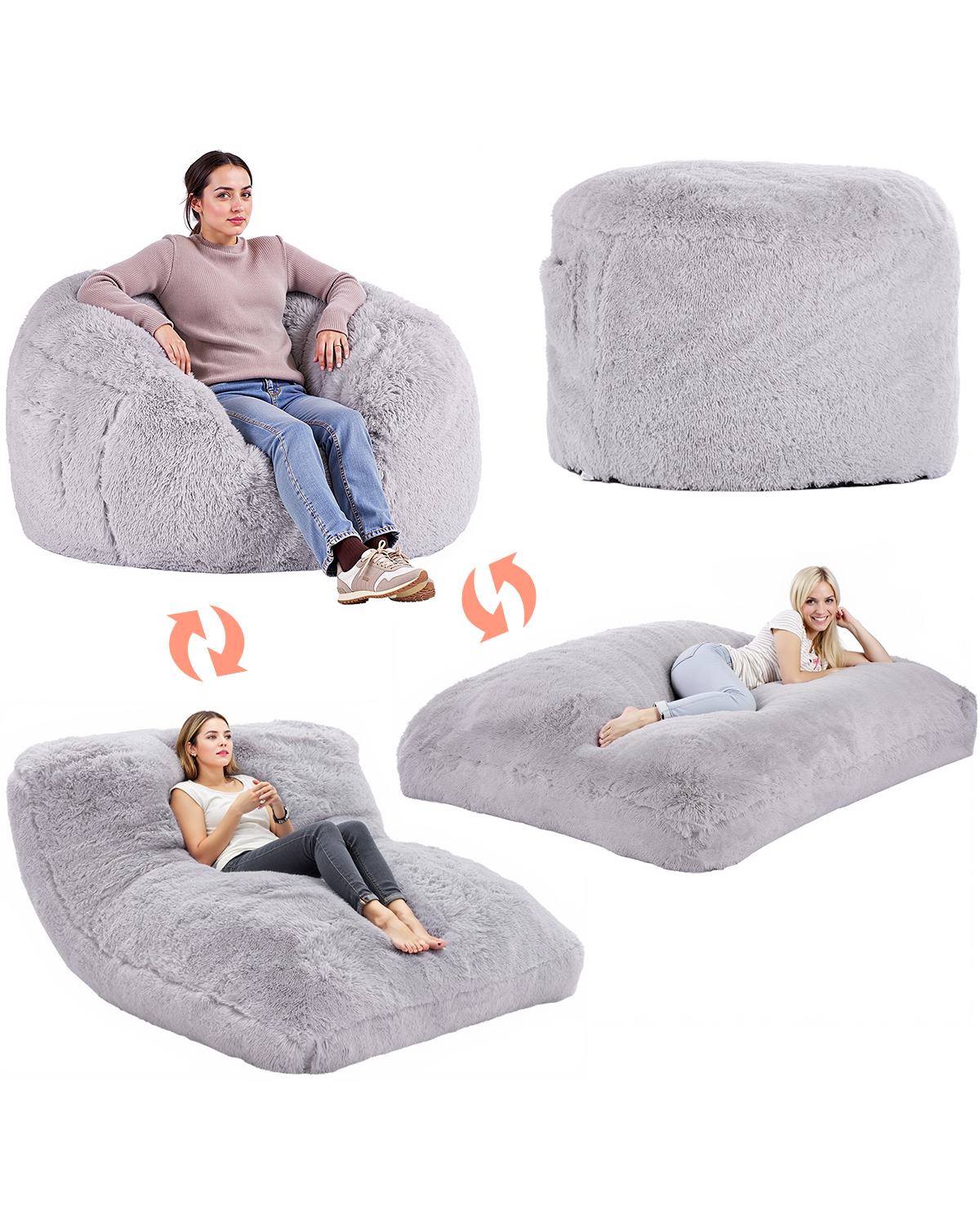Bean Bag Chair Convertible/with Cover/Armrests for Adult Fluffy Blue/Grey/Black - Picture 49 of 72