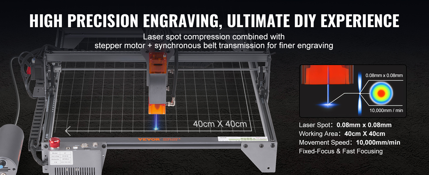 VEVOR VEVOR Macchina per Incisione Laser 10W Incisore Laser 64 x 58 x 27cm  Area di Lavoro 40 x 40cm Velocità di Movimento 10000 mm/min Punto Compresso  Protezione Occhi Taglio Laser Legno