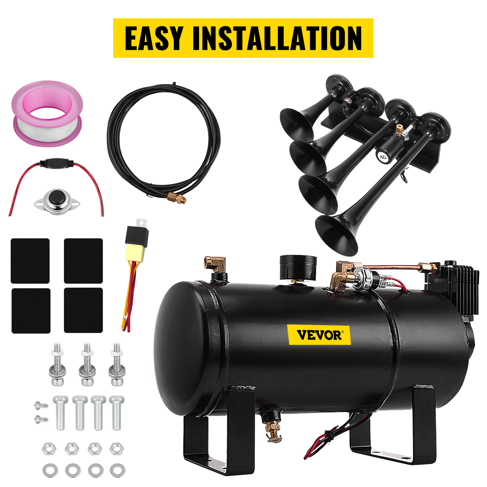 VEVOR 150DB Train Air Horn Kit 4 Trumpet For Train Horns Fits Almost Any  Vehicle, Truck, Car, Jeep or SUV, With 120PSI 12V Air Compressor