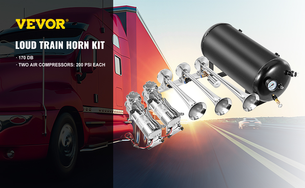 VEVOR Super Loud Train Air Horn Kit 3 Trumpet with Dual 200 PSI Air