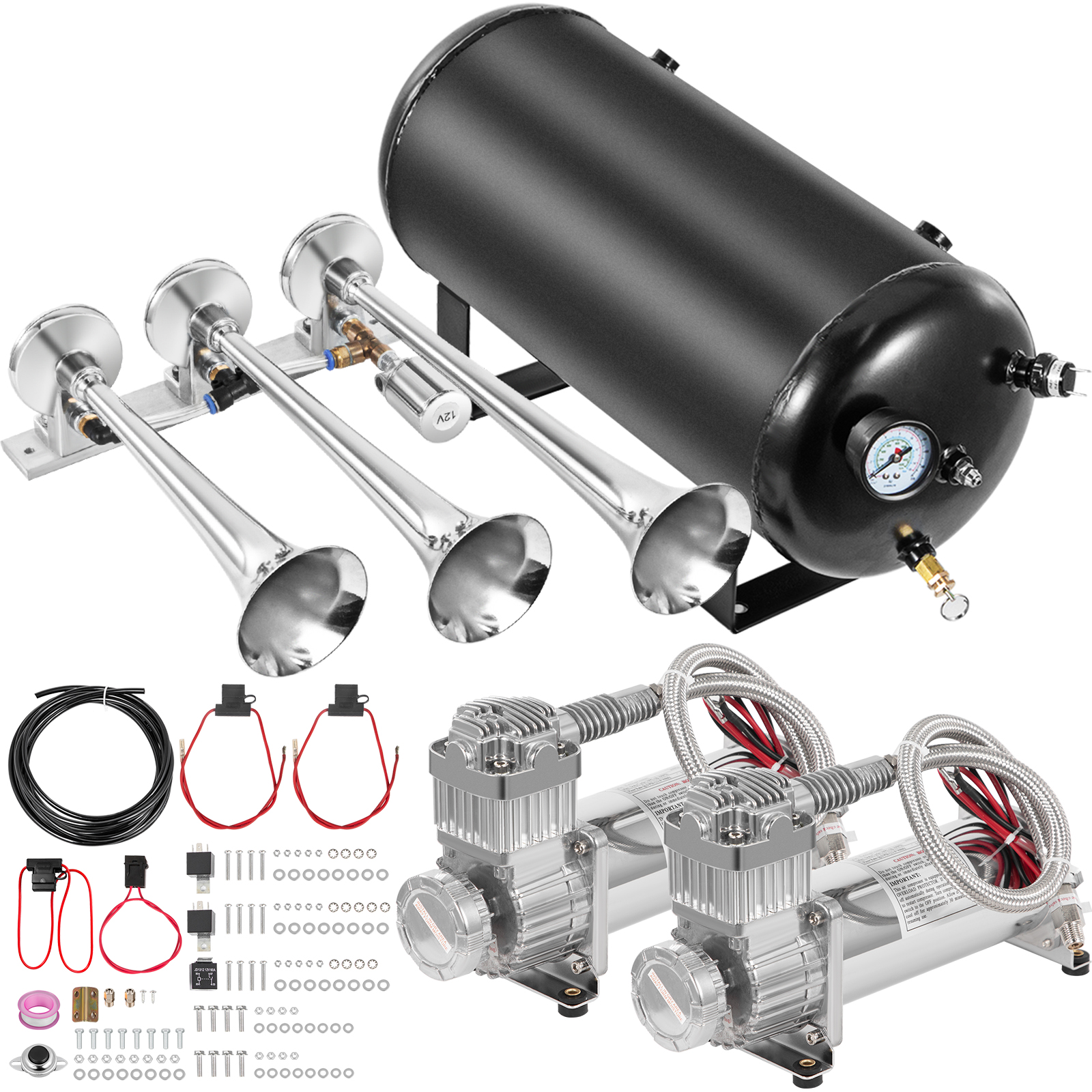 Train Horn Kit 4 Trumpet 12V Train Air Horn 150 Decibels with 1.6 Gal Tank  150 PSI Air Compressor for Truck Complete Kit and Blaster Train Horn Kit  for Truck, Car and Motocycle