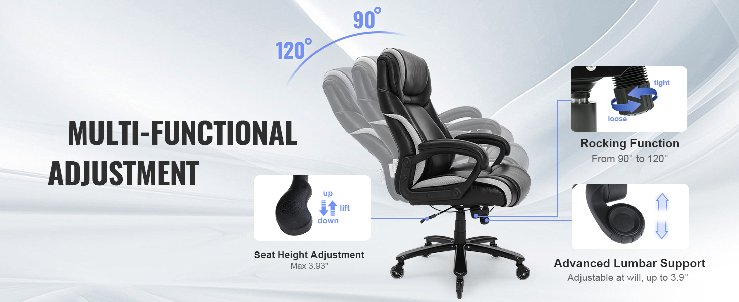 Silla de oficina grande y alta de 400 libras, soporte lumbar ajustable,  base de metal resistente, ruedas de goma silenciosas, respaldo alto, silla  de