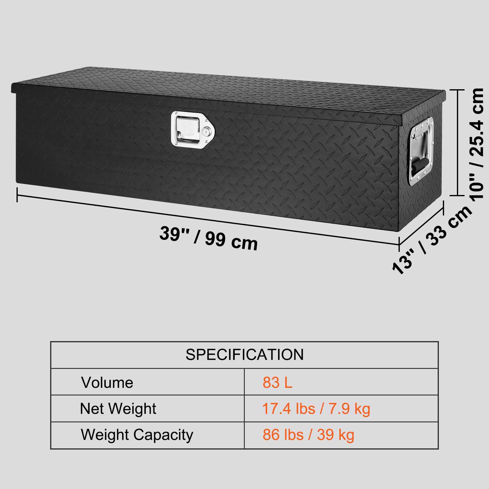 VEVOR 48" Heavy Duty Aluminum Truck Bed Tool Box - X-Large, 177L Capacity, 110lb Load