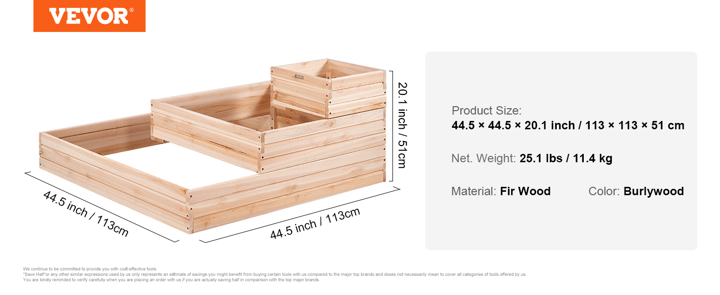 Vyvýšený zahradní záhon VEVOR, 3,7 x 3,7 x 1,7 ft, dřevěný květináč, venkovní truhlíky s otevřenou základnou, pro pěstování květin/zeleniny/bylin na dvorku/zahradě/terasu/balkonu, Burlywood