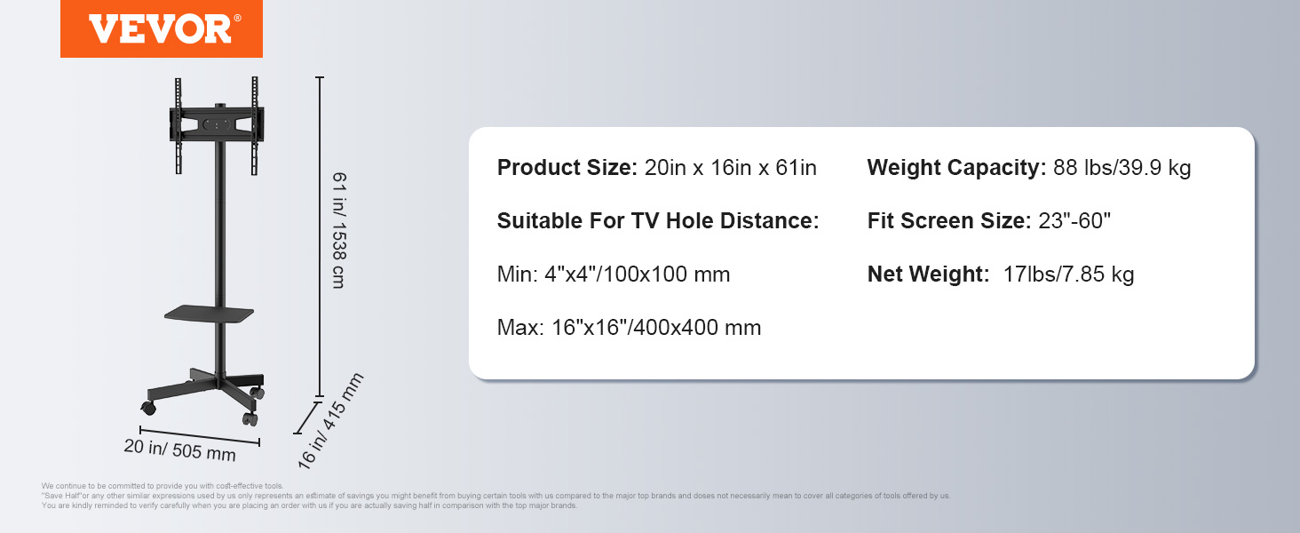 VEVOR TV Ständer mit Rollen Universal 1430–1538 mm Höhenverstellbar, 100 x  100 mm / 400 x 400 mm, 39,9 kg Belastbarer Bodenständer Standfuß Passend  für 58,42-152,4 cm Fernsehen, TV-Halterung