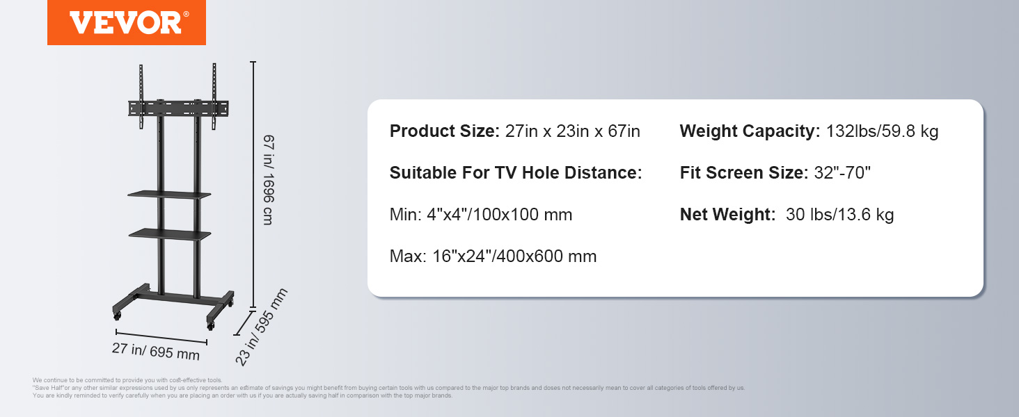 Support TV mobile, 70 pouces/177,8 cm, hauteur réglable
