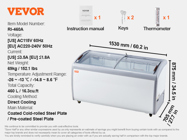 VEVOR ice cream display freezer specifications: 460l capacity, direct cooling, -26°c to -13°c temperature range.