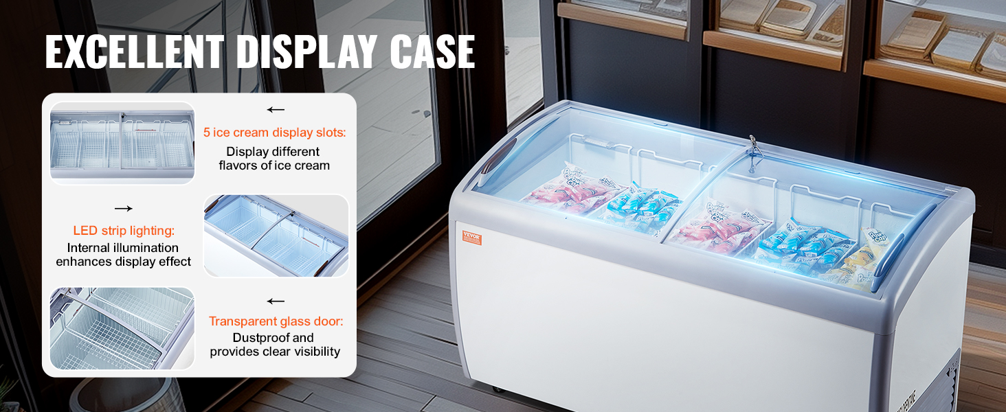 VEVOR ice cream display freezer with 5 slots, led lighting, and transparent glass door for clear visibility.