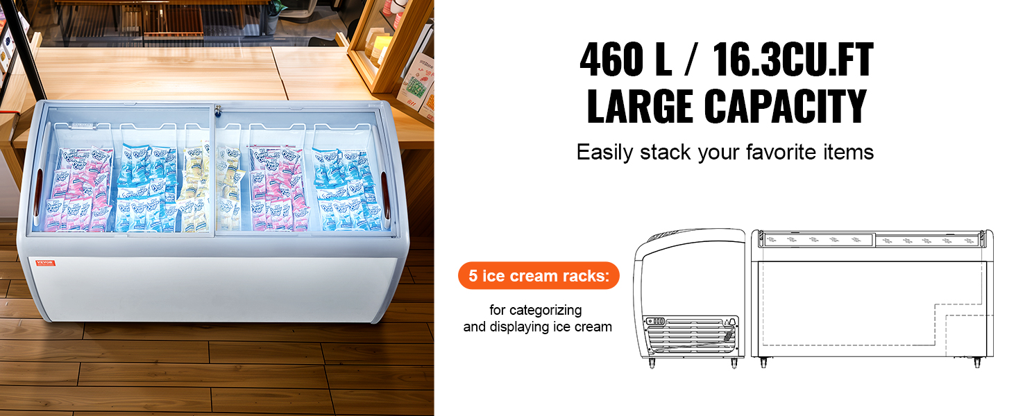 VEVOR ice cream display freezer, 460l capacity, 5 racks for easy ice cream categorization and display.