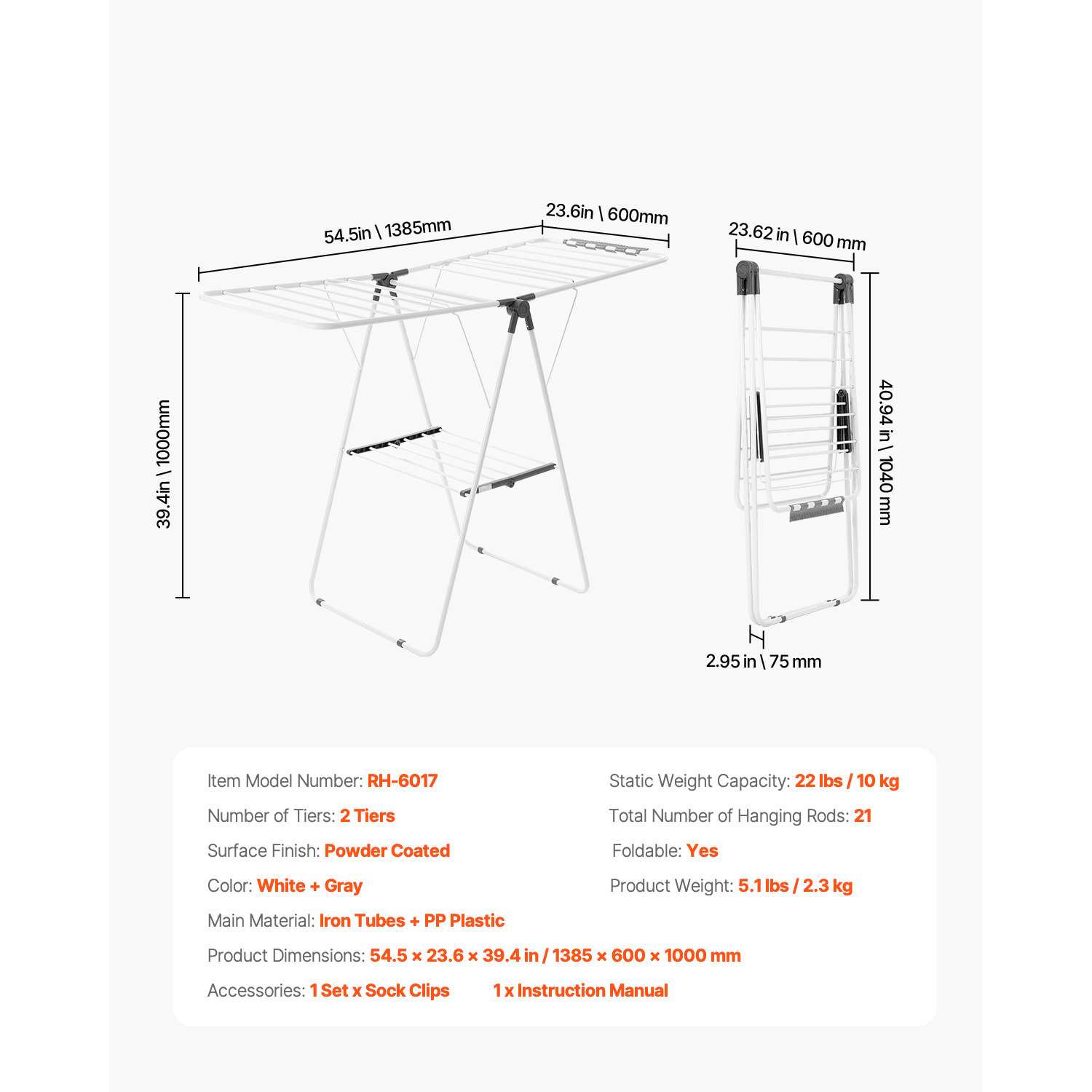 Uimoso Adjustable 2/4-Tier Folding Clothes Drying Rack with Sock Clips & Rods