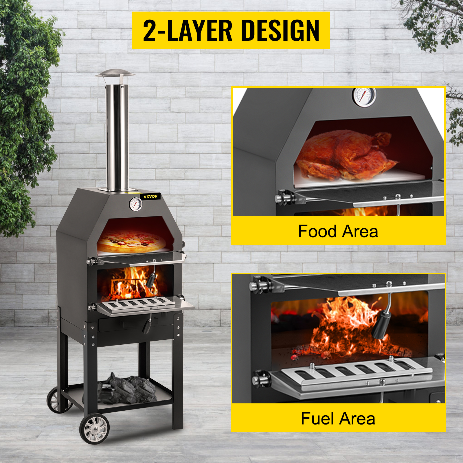 VEVOR Outdoor Pizza Oven 12,Wood Fire with Waterproof Cover,2-Layer Pizza Oven Wood Fired,Wood Burning Outdoor Pizza Oven w/ 2 Removable Wheels,Wood Fired Pizza Maker Ovens w/ 700℉ Max Temperature. 