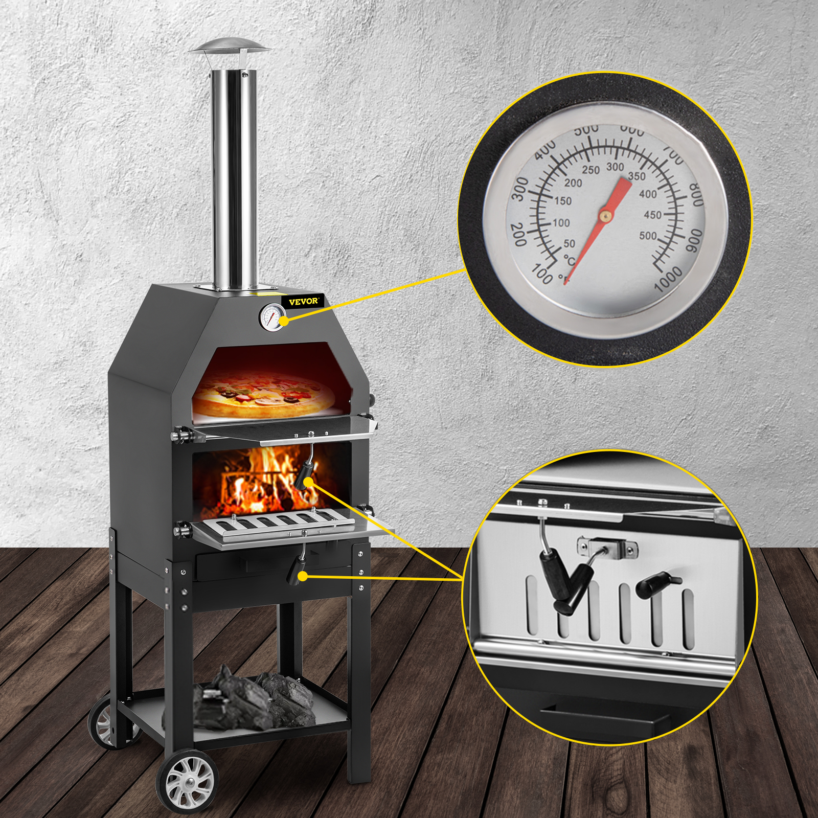 VEVOR Wood Fired Oven 12 Portable Pizza Oven with Feeding Port Pizza Oven  Outdoor 932?Max Temperature Stainless Steel Portable Wood Fired Pizza Oven  with Complete Accessories for Outdoor Cooking 