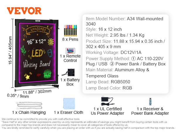 VEVOR LED Message Writing Board 32x24 Illuminated Erasable Lighted Chalkboard Neon Effect Menu Sign Board Drawing Board with 8 Fluorescent Chalk