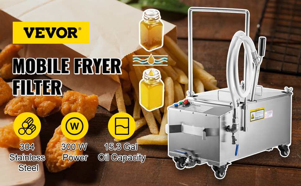 VEVOR Mobile Fryer Filter, 44 LBS/22 L/5.8 Gal Capacity, 300W Oil