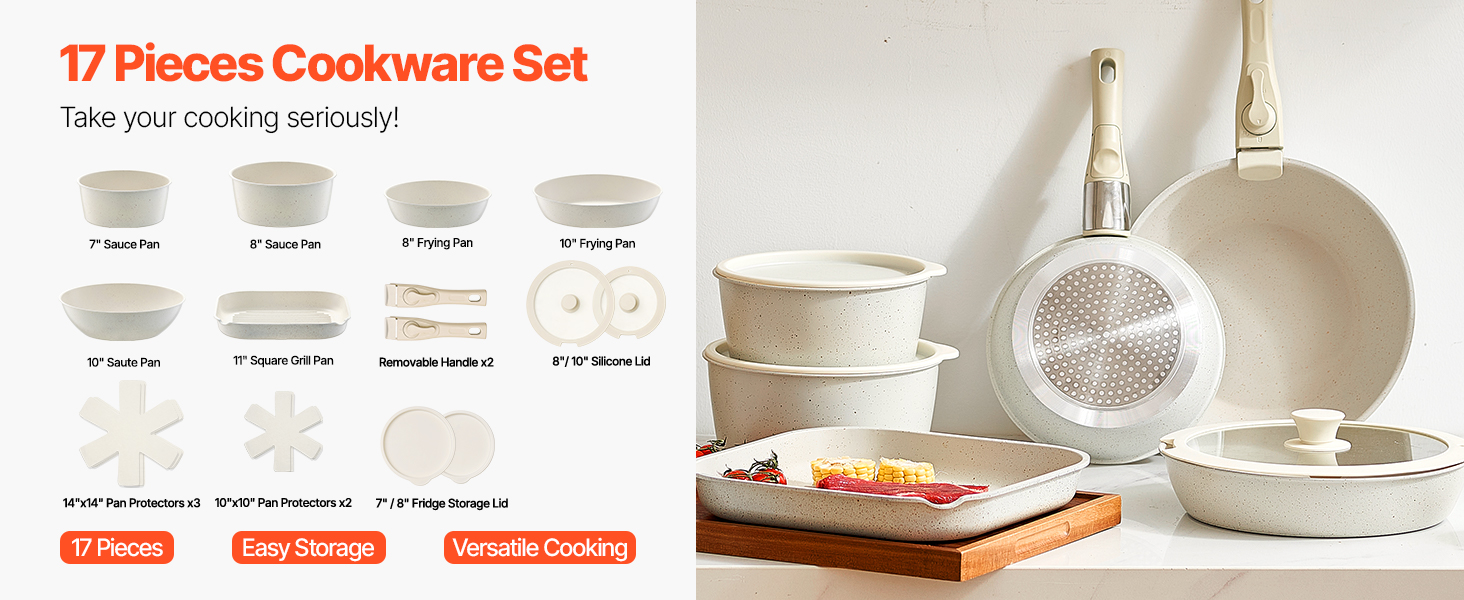 Set Pentole Antiaderenti Astercook 21 Pezzi Con Manico Staccabile - Ceramica, Adatto A Induzione, Impilabile Per Camper E Cucine Piccole