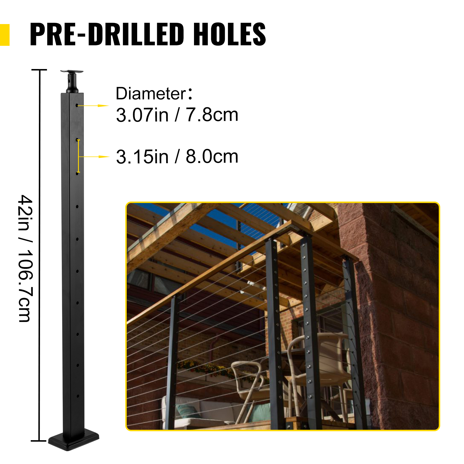 VEVOR Cable Railing Post Level Deck Stair Post 42 x 0.98 x 1.97" Cable Handrail Post Stainless Steel Brushed Finishing Deck Railing Pre-Drilled Pickets with Mounting Bracket Stair Railing Kit Black