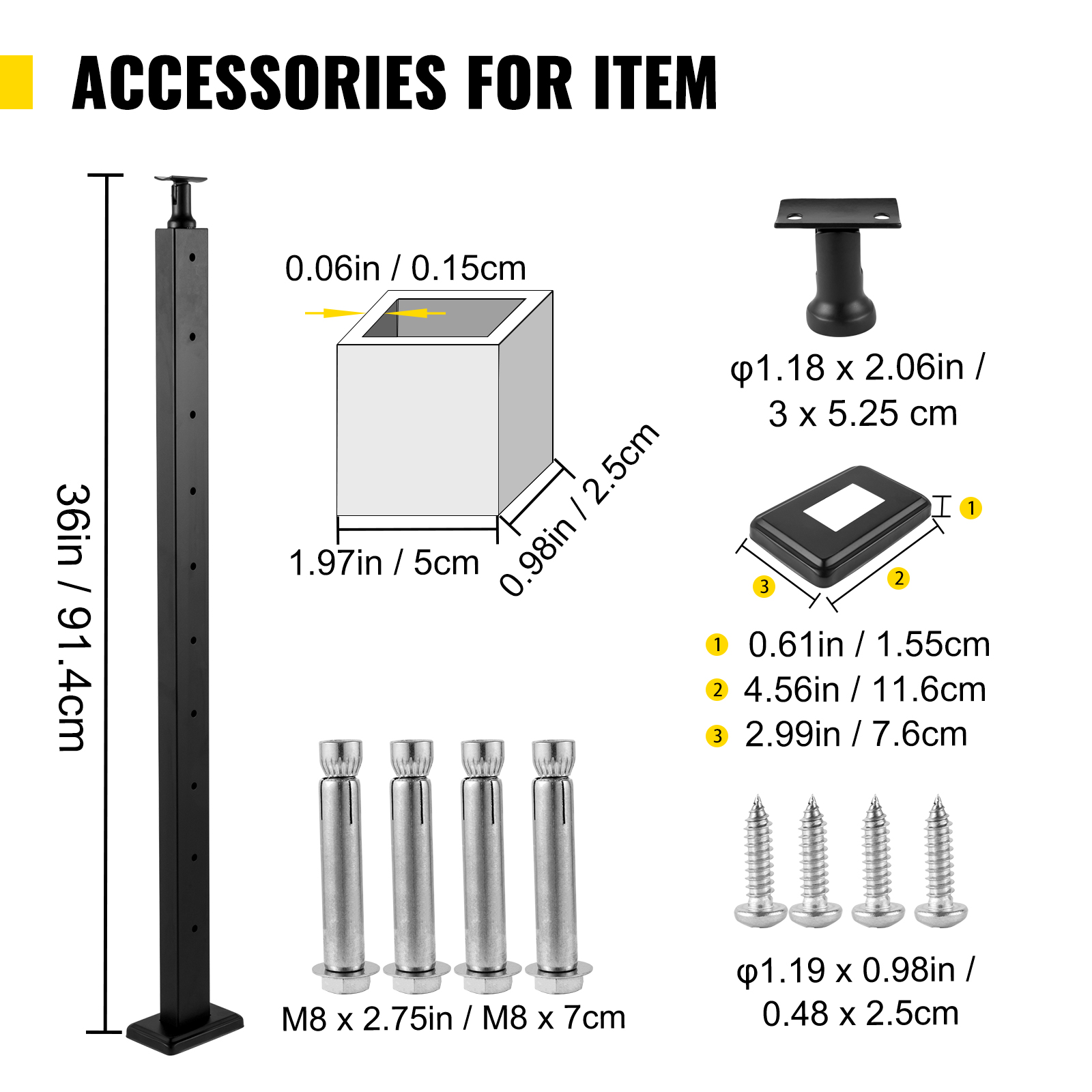 VEVOR Cable Railing Post Level Deck Stair Post 36 x 0.98 x 1.97" Cable Handrail Post Stainless Steel Brushed Finishing Deck Railing Pre-Drilled Pickets with Mounting Bracket Stair Railing Kit Black