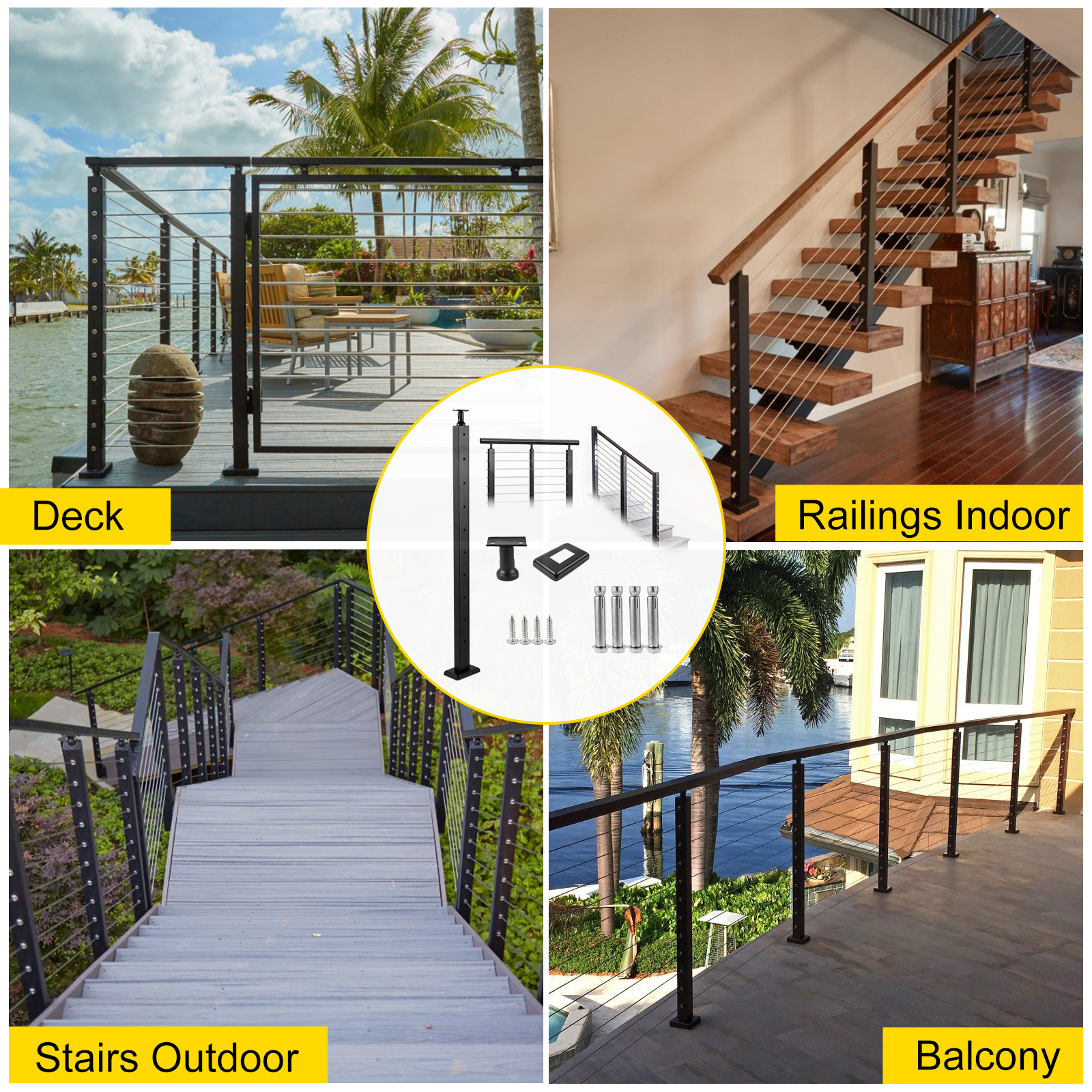 VEVOR Cable Railing Post Level Deck Stair Post 36 x 0.98 x 1.97" Cable Handrail Post Stainless Steel Brushed Finishing Deck Railing Pre-Drilled Pickets with Mounting Bracket Stair Railing Kit Black