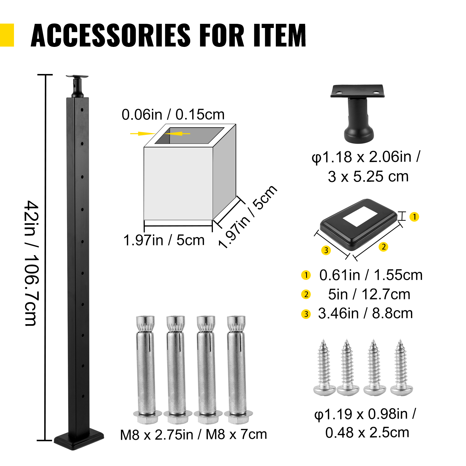 VEVOR Cable Railing Post Level Deck Stair Post 42 x 1.97 x 1.97" Cable Handrail Post Stainless Steel Brushed Finishing Deck Railing Pre-Drilled Pickets with Mounting Bracket Stair Railing Kit Black