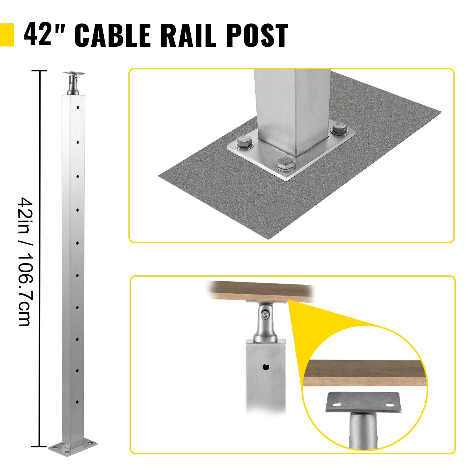 VEVOR Cable Railing Post, 1067 x 25 x 50mm, Level Deck Stair Post ...