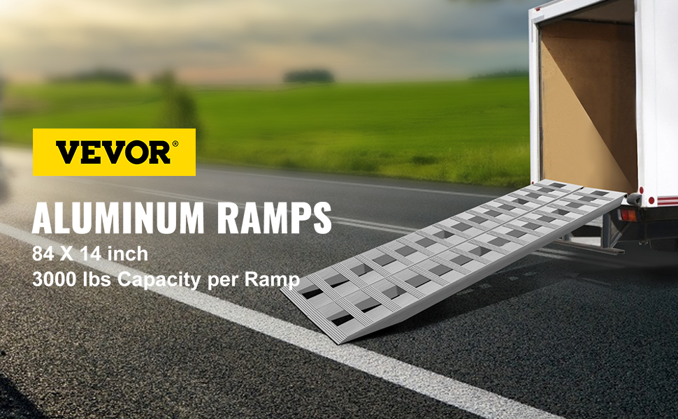 VEVOR aluminum ramps, 84x14 inch, 3000 lbs capacity per ramp, attached to a truck.