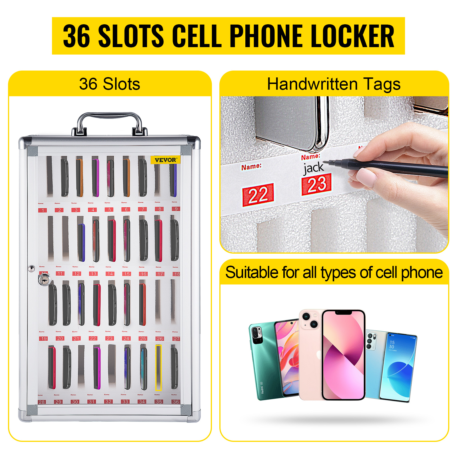 VEVOR 36 Slots Cell Phone Cabinet Silver Aluminum Alloy Pocket Chart Storage  Locker Box w/Portable Handle, Key Lock & Handwritten Tags, Wall Mounted for  Classroom, Office, Gym