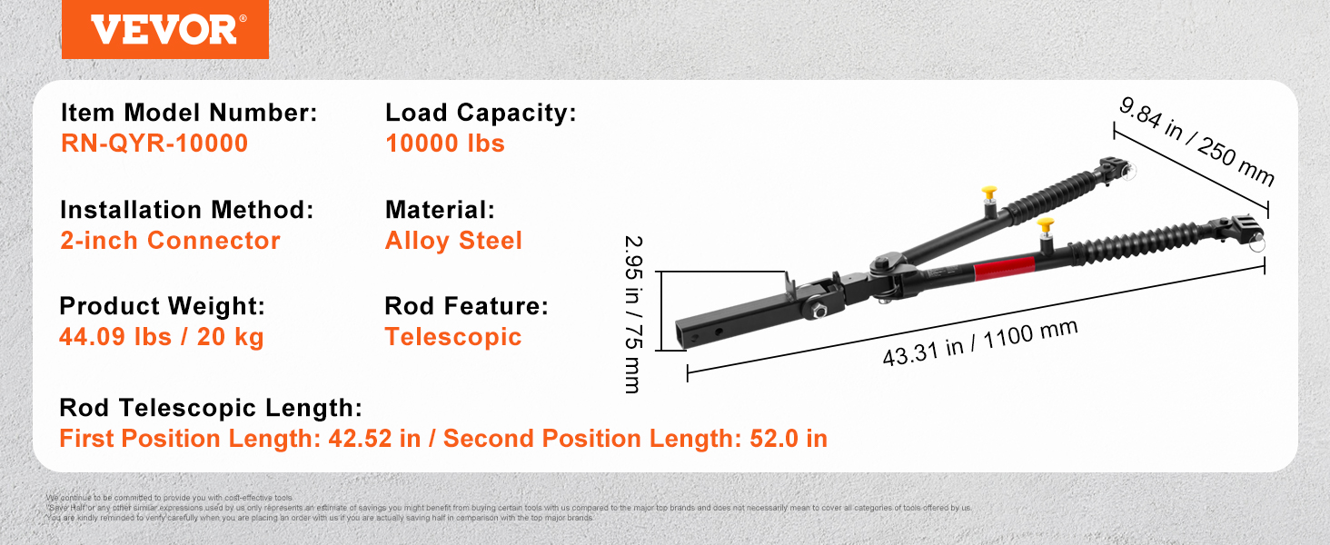 VEVOR pótkocsi vonóhorog, RN-QYR-10000, 10000 font teherbírás, ötvözött acél, teleszkópos rúd, 2 hüvelykes csatlakozó, 44,09 font.