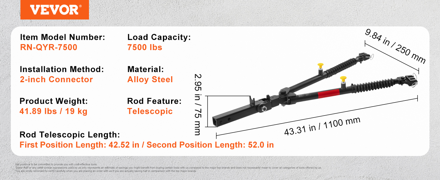 VEVOR pótkocsi vonóhorog RN-QYR-7500, 7500 font teherbírás, ötvözött acél, teleszkópos rúd, 2 hüvelykes csatlakozó.