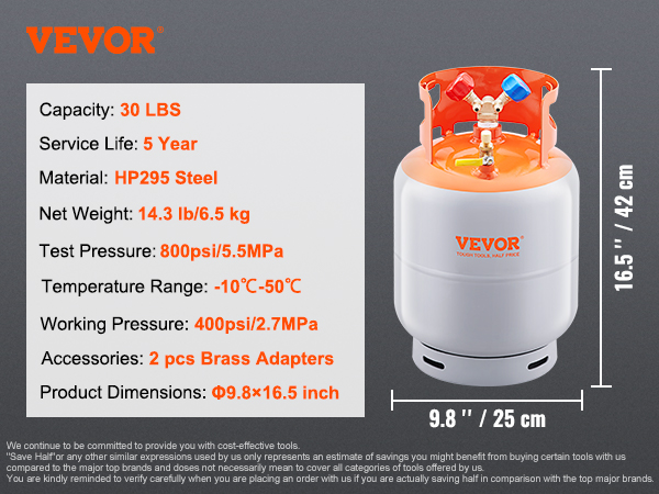 VEVOR Refrigerant Recovery Tank, 50 LBS Capacity, 400 psi Portable Cylinder  Tank with Y-Valve for Liquid/Vapor, High-sealing Recovery Can for  R22/R134A/R410A, Orange+Gray