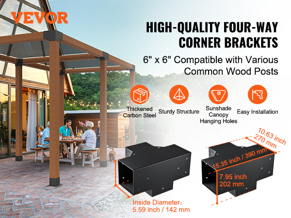VEVOR Pergola Bracket Kit 6''x6'', 4pcs 4-Way Heavy Duty Corner Bracket Woodworks DIY Post Base Kit, Easy Installation Wooden Beams for Gazebos, Patio VEVOR 6\u0027\u0027x6\u0027\u0027 Pergola Bracket Kit inner 5.6x5.6 4-Way Woodworks